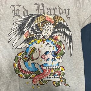 Ed Hardy Grey Graphic Skull Tee with Snake and Eagle